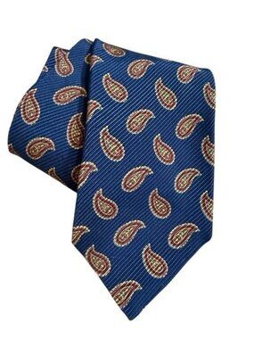 Robert Talbott Navy Blue Silk Tie Paisley Hickeys Necktie Red Beige Ribbed Vtg